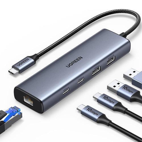 Hub USB UGREEN CM512 (45320), USB-C to 2x USB-C, 2x USB, 1x RJ45 1000Mbps, Plug & Play, 10Gbps Transfer, gri