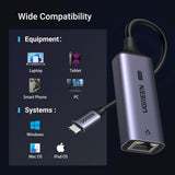Adaptor UGREEN Ethernet Adapter CM648 (25052), USB-C to RJ45 LAN Port, Plug & Play, Windows, Macos, 1000Mbps, 5Gbps