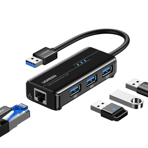 Adaptor UGREEN Ethernet Adapter (20265), USB to 3x USB, RJ45 LAN Port, Plug & Play, 1000Mbps, 5Gbps, 20cm, Negru