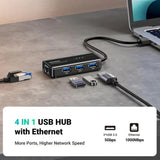Adaptor UGREEN Ethernet Adapter (20265), USB to 3x USB, RJ45 LAN Port, Plug & Play, 1000Mbps, 5Gbps, 20cm, Negru