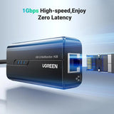 Adaptor UGREEN Ethernet Adapter (20265), USB to 3x USB, RJ45 LAN Port, Plug & Play, 1000Mbps, 5Gbps, 20cm, Negru
