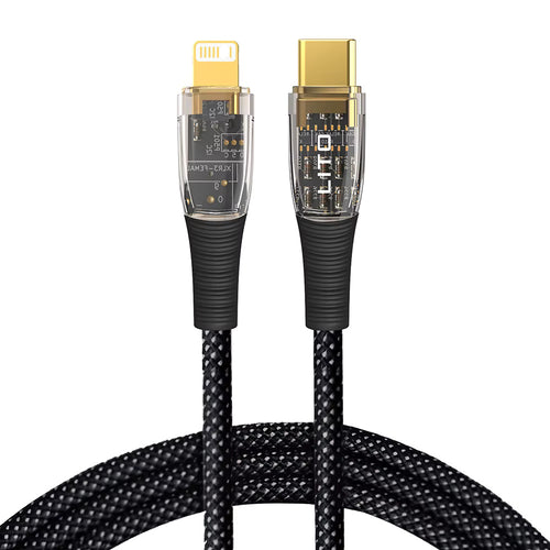 Cablu Lito de date Transparent (LD01), Type-C to Lightning, Incarcare rapida 27W, Braided, Auriu Plated Interface, 1.2m, negru