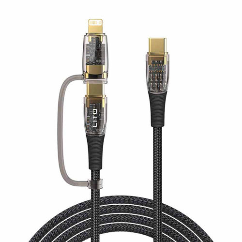 Cablu Lito de date Transparent 2in1 (LD12), Type-C to Type-C, Lightning, Incarcare rapida, Braided, Anti-oxidant, negru