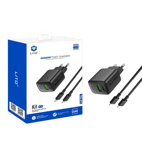 Incarcator retea Lito (LC15L), cu Lightning Cable Included, Type-C, USB Output, PD20W, GaN, PC Fireproof, EU Plug, negru