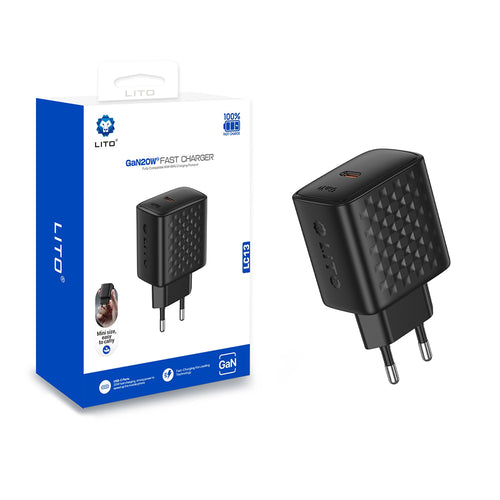 Incarcator retea Lito (LC13), Type-C, PD20W, GaN, PC Fireproof, EU Plug, negru