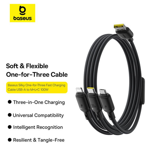 Cablu Baseus de date Silky (P10377705123-00), Incarcare rapida, USB to USB-C, Lightning, Micro-USB, 100W, 480Mbps, 1.5m, negru