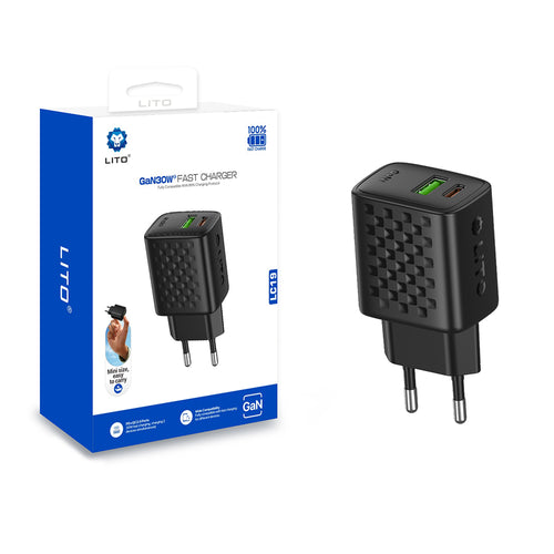 Incarcator retea Lito (LC19), Type-C, USB Output, PD30W, GaN, PC Fireproof, EU Plug, negru