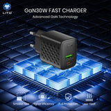 Incarcator retea Lito (LC19), Type-C, USB Output, PD30W, GaN, PC Fireproof, EU Plug, negru