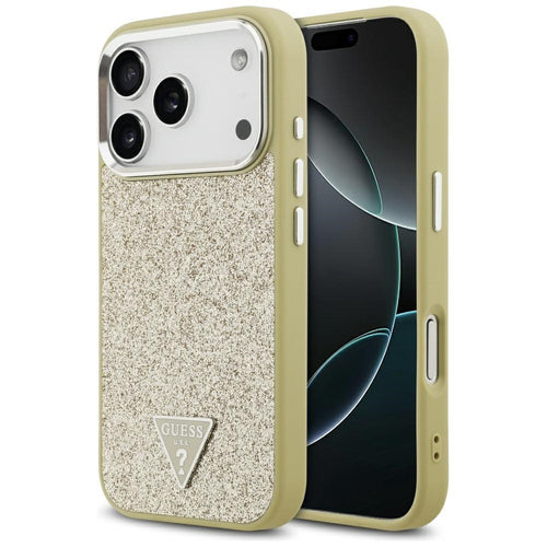 Husa pentru iPhone 17 Pro, Guess Glitter Triangle Logo MagSafe (GUHMP17LPFGTSCMD), auriu