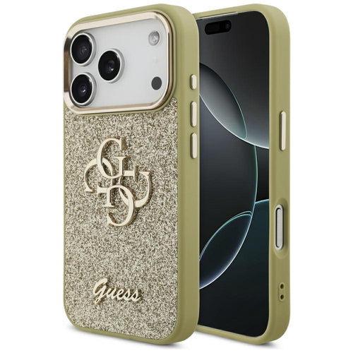 Husa pentru iPhone 17 Pro, Guess Fixed Glitter Big 4G Metal Frame (GUHCP17LHG4SGCD), auriu