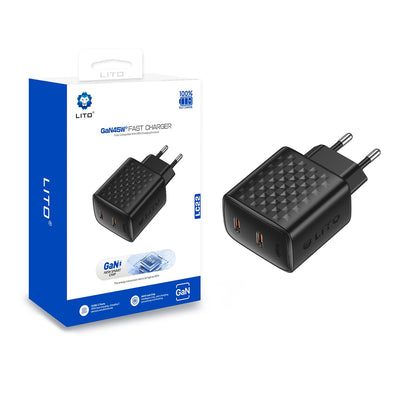 Incarcator retea Lito (LC22), 2x Type-C Output, PD45W, GaN, PC Fireproof, EU Plug, negru