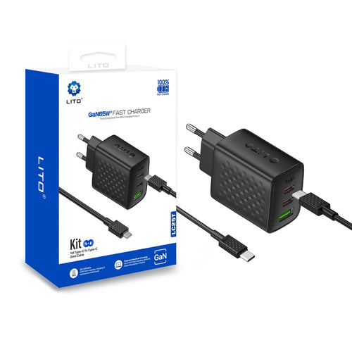 Incarcator retea Lito (LC25T), cu Type-C Cable Included, 2x Type-C, USB Output, PD65W, GaN, PC Fireproof, EU Plug, negru