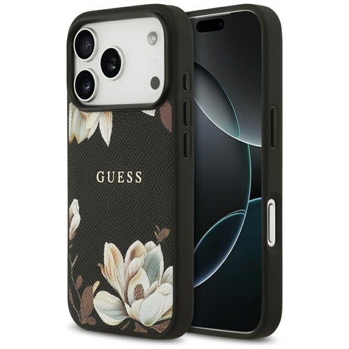 Husa pentru iPhone 17 Pro, Guess Grained Flowers MagSafe (GUHMP17LPGNMPLMK), negru