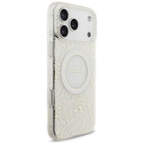 Husa pentru iPhone 17 Pro Max, Guess IML Flowers Allover Electroplated cu Pearl Strap MagSafe (GUHMP17XHCPOFPH), negru