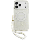 Husa pentru iPhone 17 Pro Max, Guess IML Flowers Allover Electroplated cu Pearl Strap MagSafe (GUHMP17XHCPOFPH), negru