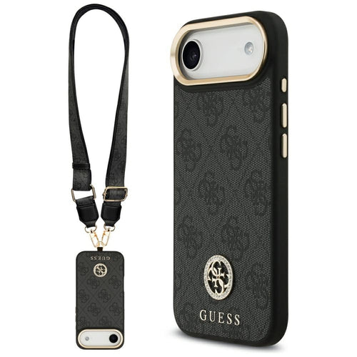 Husa pentru iPhone 17 Air, Guess 4G Strass Logo cu Big Strap Metal Button MagSafe (GUHMP17MP4G4DCSK), negru