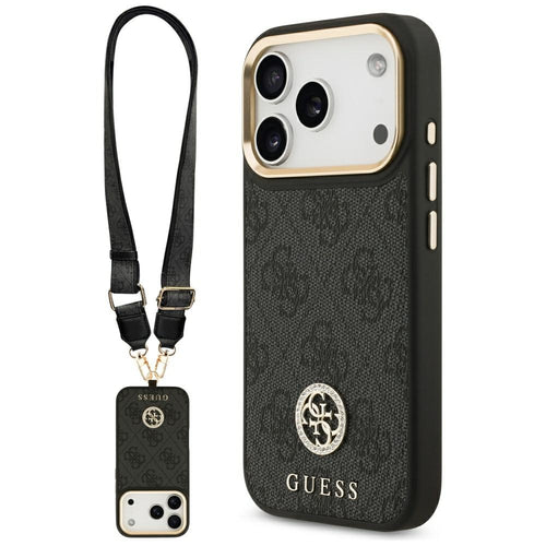 Husa pentru iPhone 17 Pro, Guess 4G Strass Logo cu Big Strap Metal Button MagSafe (GUHMP17LP4G4DCSK), negru