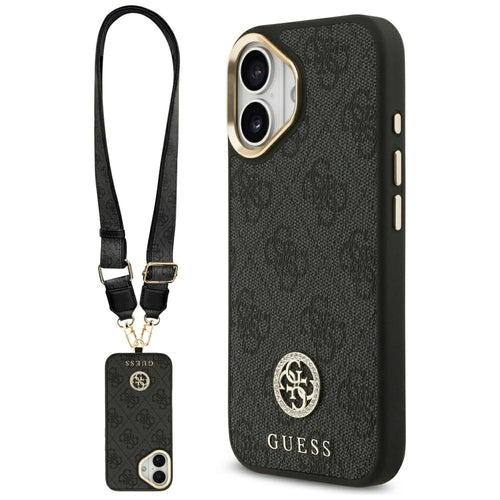 Husa pentru iPhone 17, Guess 4G Strass Logo cu Big Strap Metal Button MagSafe (GUHMP17SP4G4DCSK), negru