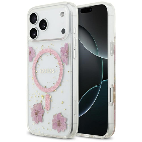 Husa pentru iPhone 17 Pro, Guess Resin Flowers and Glitter MagSafe (GUHMP17LRBFGFGMP), roz