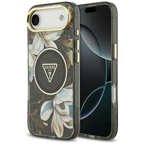 Husa pentru iPhone 17 Air, Guess IML Metal Glitter Flowers Triangle MagSafe (GUHMP17MHFLPEDK), negru