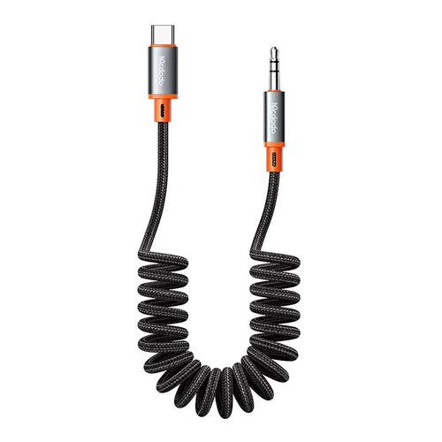 Cablu audio Mcdodo (CA-0900), Type-C to Jack 3.5mm, Coil Design, Nylon Braided, 1.8m, negru;gri;portocaliu