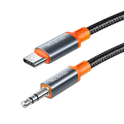 Cablu audio Mcdodo (CA-0900), Type-C to Jack 3.5mm, Coil Design, Nylon Braided, 1.8m, negru;gri;portocaliu