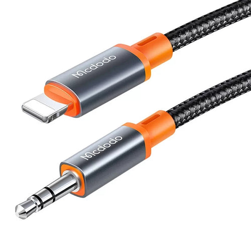 Cablu audio Mcdodo (CA-0890), Lightning to Jack 3.5mm, Coil Design, Nylon Braided, 1.8m, negru;gri;portocaliu