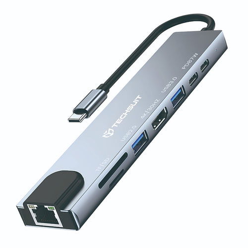 Hub USB Techsuit Docking station NetBridge 8 in 1 (H2), Type-C to 2x Type-C, 2x USB, HDMI, RJ45, TF/SD, 4K@30Hz, PD87W, gri