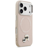 Husa pentru iPhone 17 Pro, Karl Lagerfeld Leather Karl & Choupette Pins MagSafe (KLHMP17LPSMLRKCP), roz