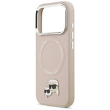 Husa pentru iPhone 17 Pro, Karl Lagerfeld Leather Karl & Choupette Pins MagSafe (KLHMP17LPSMLRKCP), roz