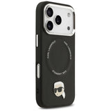 Husa pentru iPhone 17 Pro, Karl Lagerfeld Leather Karl Pin MagSafe (KLHMP17LPSMLRKLK), negru