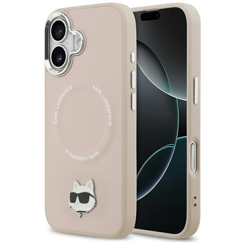 Husa pentru iPhone 17, Karl Lagerfeld Leather Choupette Pin MagSafe (KLHMP17SPSMLRCHP), roz