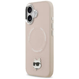 Husa pentru iPhone 17, Karl Lagerfeld Leather Choupette Pin MagSafe (KLHMP17SPSMLRCHP), roz