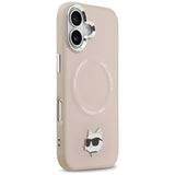 Husa pentru iPhone 17, Karl Lagerfeld Leather Choupette Pin MagSafe (KLHMP17SPSMLRCHP), roz