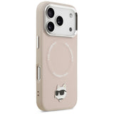 Husa pentru iPhone 17 Pro Max, Karl Lagerfeld Leather Choupette Pin MagSafe (KLHMP17XPSMLRCHP), roz