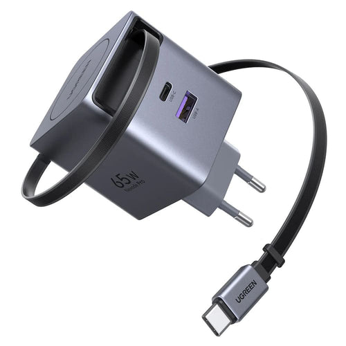 Incarcator retea UGREEN X615 (65825), USB, 2x Type-C, GaN, Incarcare rapida, 65W, cu Retractabil Cable, gri