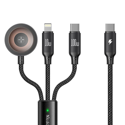 Cablu Mcdodo 3in1 Cablu de date O Series (CA-4940), USB-C to Lightning/USB-C/Incarcator wireless Apple Watch, 100W, 1.2m, negru