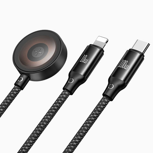 Cablu Mcdodo 3in1 Cablu de date O Series (CA-4940), USB-C to Lightning/USB-C/Incarcator wireless Apple Watch, 100W, 1.2m, negru