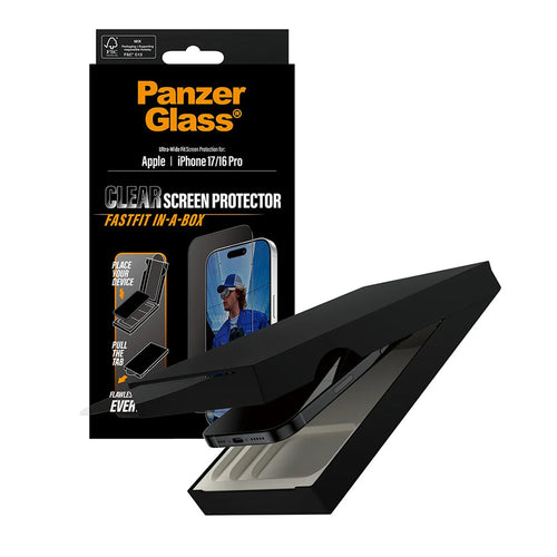 Folie de protectie pentru iPhone 16 Pro, PanzerGlass® Ultra-Wide Fit Screen Protector w. Fastfit IN-A-BOX