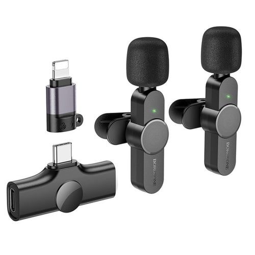 Microfon Borofone (2 pack) Wireless Lavalier Microphones Trophy (BFK12), 2.4Ghz, Type-C, Lightning, 70mAh, negru