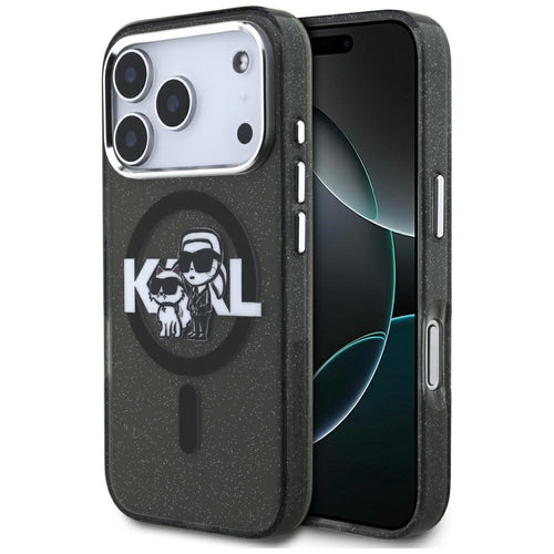 Husa pentru iPhone 17 Pro, Karl Lagerfeld IML Glitter Karl & Choupette Sketch Logo MagSafe (KLHMP17LHGKCGKBK), negru