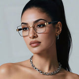 Techsuit Anti-Blue Light Glasses Reflex PC (3169), pentru Women, Hexagonal, Metal Frame, AC Lens, Brown/Leopard