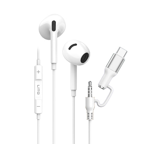 Casti cu Fir Lito (LF03), Jack 3.5mm, Type-C, Stereo, Half In-ear, cu HD Microfon, 1.2m, Alb