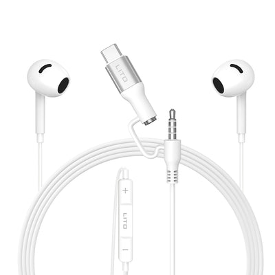 Lito Casti cu fir (LF03), Jack 3.5mm, Type-C, Stereo, Half In-ear, cu HD Microfon, 1.2m, Alb