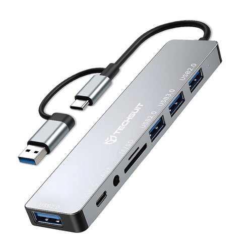 Hub USB Techsuit Docking station DataBridge 8 in 1 (H9), USB, Type-C to 4x USB, Type-C, 3.5mm Jack, TF/SD Card, gri
