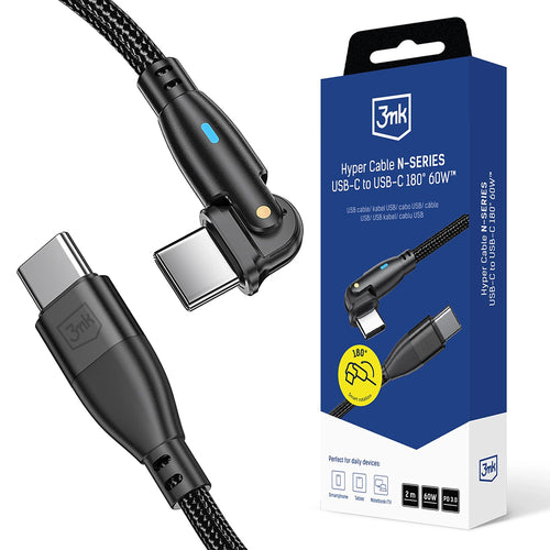 Cablu 3mk de date Hyper N-Series, Type-C to Type-C, Incarcare rapida, Flexible 180°, 60W, 20V/3A, 2m, negru