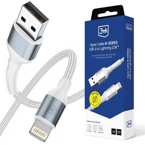 Cablu 3mk de date Hyper N-Series, USB to Lightning, 12W, 5V/2.4A, 2m, alb