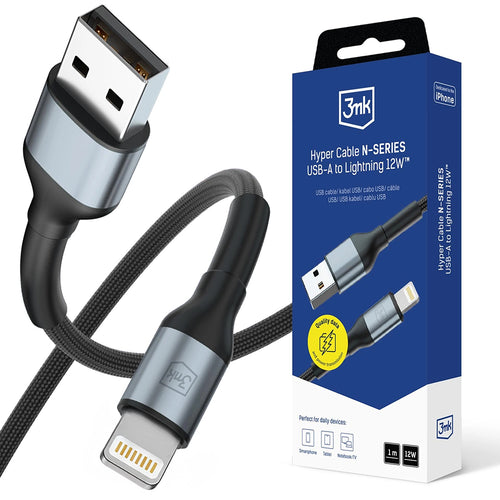 Cablu 3mk de date Hyper N-Series, USB to Lightning, 12W, 5V/2.4A, 1m, negru