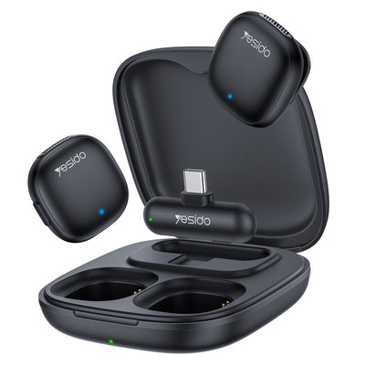 Microfon Yesido (2 pack) Microfoane lavaliera wireless (KR21), 3in1 Receiver, Type-C, AI Reducere zgomot, 98dB SNR, 2.4GHz, negru