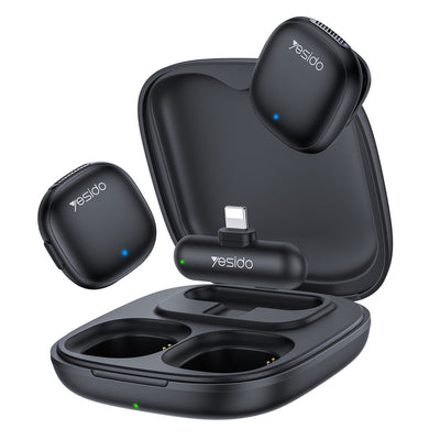 Microfon Yesido (2 pack) Microfoane lavaliera wireless (KR20), 3in1 Receiver, Lightning, AI Reducere zgomot, 2.4GHz, negru